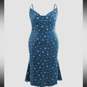 Plus Velvet Cowl Neck Star Pattern Mermaid Maxi Dress